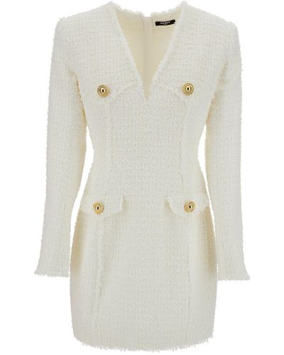 Balmain Mini Dress With V Neckline And Jewel Buttons - White