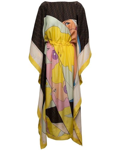 Fendi Woman's Kaftan Printed Silk Long Dress - Multicolor