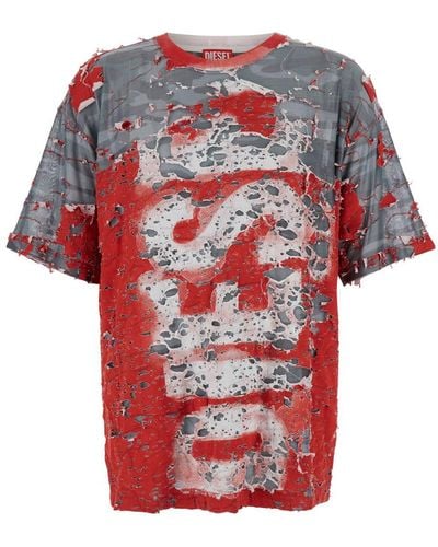 DIESEL T-Shirt 'T-Boxt-Peel' Con Effetto Destroyed E Stampa Camouflage - Rosso