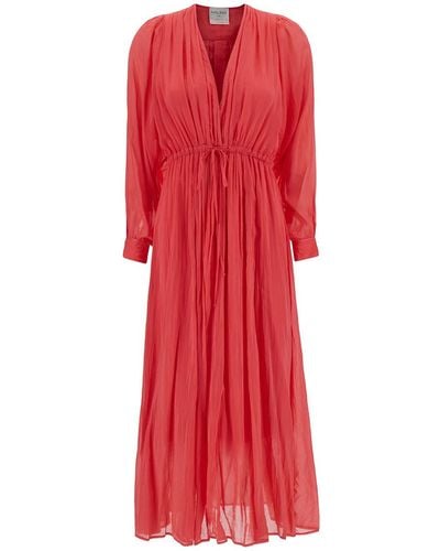 Forte Forte Long Dark Pleated Dress With Drawstring - Red