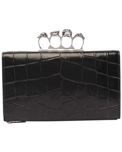 Alexander McQueen 'skull' Small Black Clutch With Four Ring Detail In Croco Printed Leather Woman