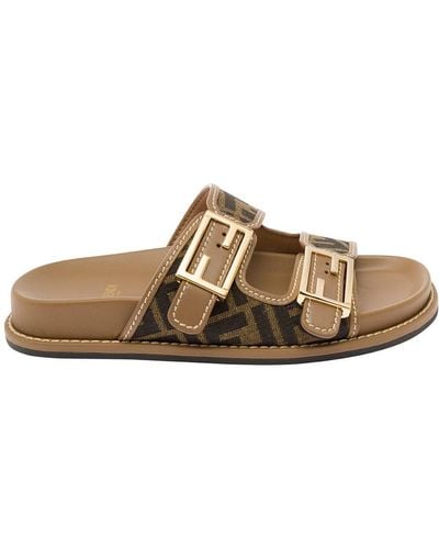Fendi Slide With Double Buckles With Logo - Brown