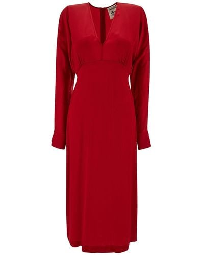 Semicouture Midi V Neck Dress With Long Sleeve - Red
