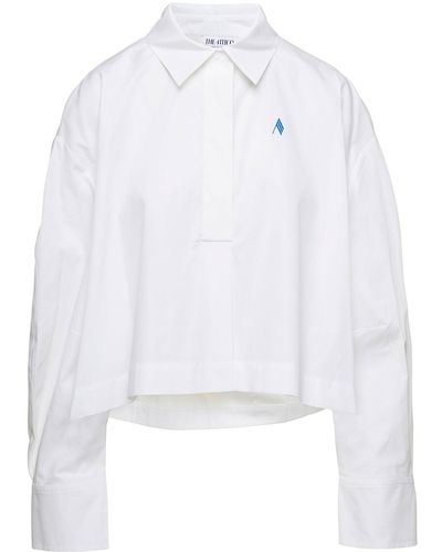 The Attico Camicia cropped 'jill' con ricamo logo azzurro in cotone - Bianco