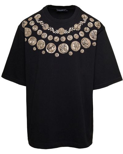 Dolce & Gabbana Black Oversized T-shirt With 'monete' Print Detail In Cotton Man