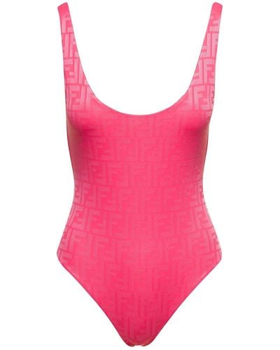 Fendi Pink Swimsuit With Plunging U Neckline And All-over Ff Motif In Stretch Fabric