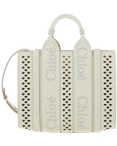 Chloé 'Piccola Woody' Tote Bag With Perforated Edges And Logo In - White