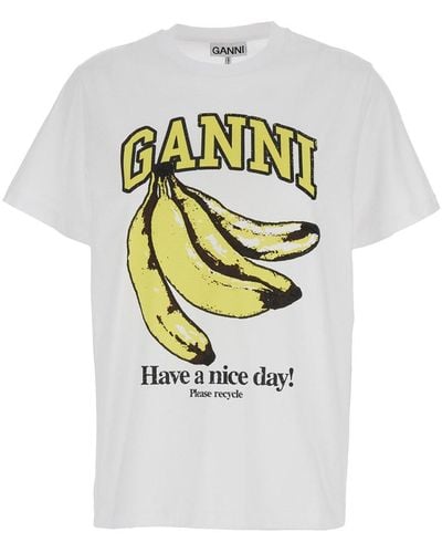 Ganni T-Shirt Basic Con Stampa Logo Banana Bianca - Grigio