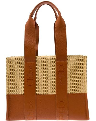 Chloé 'Woody Medium' Tote Bag With Logo Embroidery - Brown