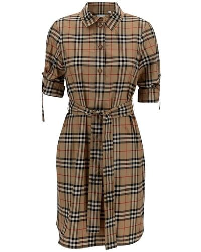 Burberry Mini Dress With Matching Belt And Check Print - Natural