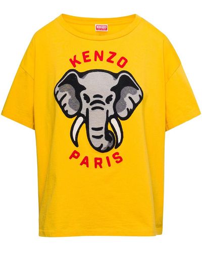 KENZO T-Shirt Oversize Con Stampa Elefante E Logo Sul Davanti - Giallo