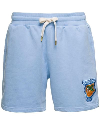 Casablancabrand Shorts With Orange Logo Patch In Light-e Cotton Woman - Blue