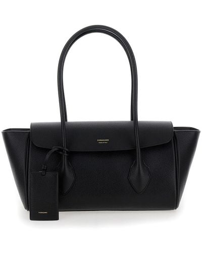 Ferragamo 'East-West M' Handbag With Logo Detail - Black