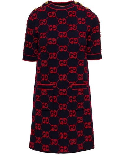 Gucci E Crewneck Mini Dress With Contrasting All-over gg Motif In Wool Woman - Red