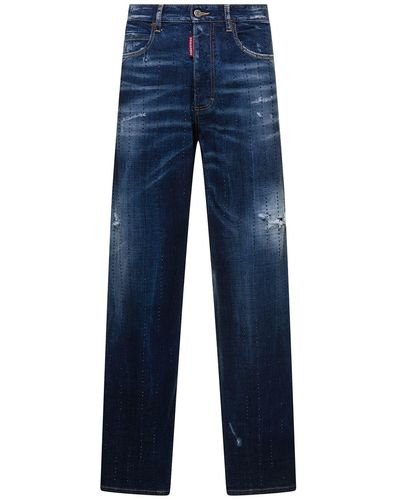 DSquared² 'san Diego' E Jeans With Destroyed Detailing And All-over Rhinestones In Stretch Cotton Denim Woman - Blue