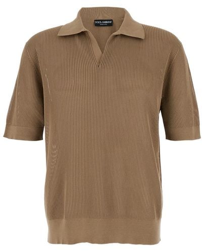 Dolce & Gabbana Open-Work V Neck Polo Shirt - Brown