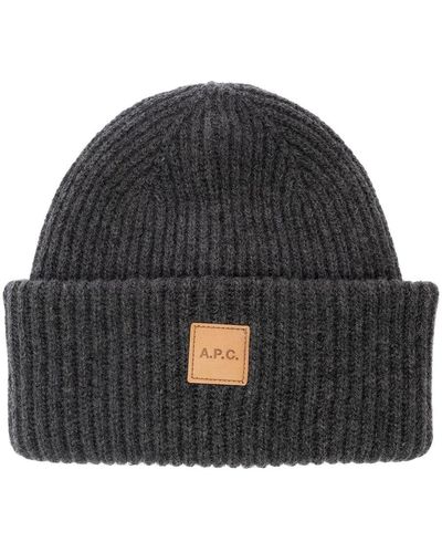 A.P.C. 'michelle' Grey Beanie With Logo Patch In Wool And Cashmere Woman - Black