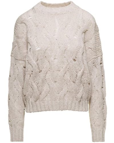 Antonelli 'cremona' Off-white Cable-knit Crewneck Jumper With Micro Paillettes In Wool Blend - Natural