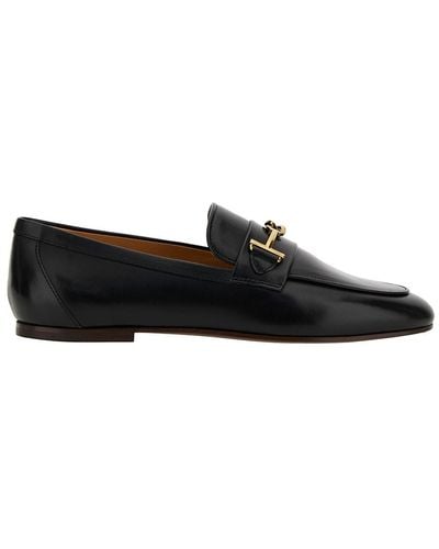 Tod's Black Loafers With Gold-tone Double 't' Detail In Leather Woman