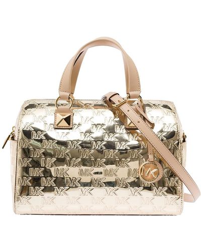 Michael Kors 'medium Grayson' Gold Satchel Bag With All-over Embossed Logo In Patent Woman - Metallic