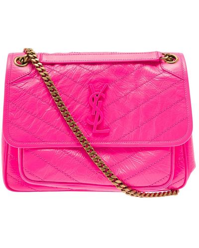 Saint Laurent 'niki' Medium Neon Shoulder Bag With Ysl Logo In Quilted Leather Woman - Pink