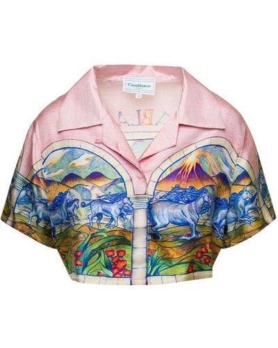 Casablancabrand Cuban Collar Cropped Silk Short Sleeve Shirt - Pink