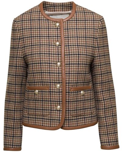 DUNST Classic Brown Tweed Jacket With Check Motif And Branded Buttons In Wool Blend