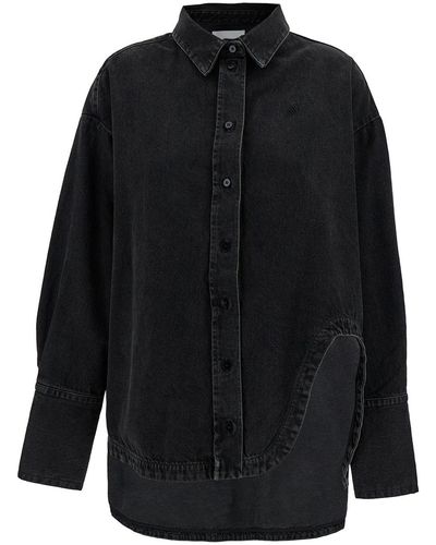 The Attico Diana Oversized Shirt With Asymmetric Hem And Logo Embroidery - Black