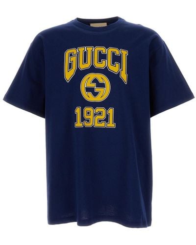 Gucci Logo Print Crew Neck T-Shirt - Blue