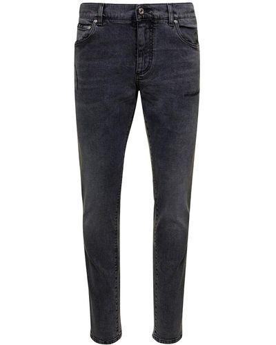 Dolce & Gabbana Gray Five-pockets Slim Jeans With Logo Plaque In Stretch Cotton Denim Man - Blue