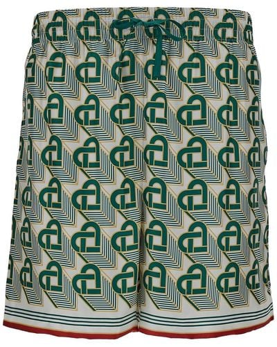 Casablancabrand Shorts With Heart Monogram And Drawstring In Silk - Green
