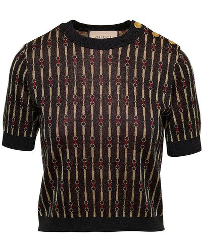Gucci Short Sleeves Top With All-over Morsetto Print And Jewel Buttons In Lurex - Black