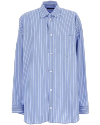 Balenciaga Light- Popeline Striped Shirt With Logo - Blue