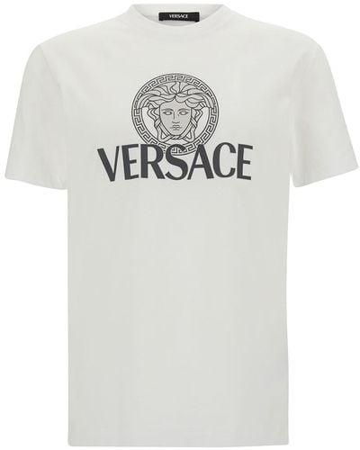 Versace T-Shirt Girocollo Con Stampa Logo A Contrasto - Grigio