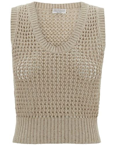 Brunello Cucinelli Knit Vest With All-Over Sequins - Natural