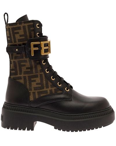 Fendi And Biker Boots With Logo Lettering Detail - Black
