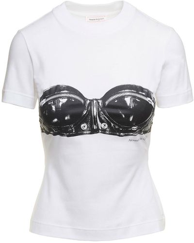 Alexander McQueen White Fitted T-shirt With Bustier Print In Cotton Woman