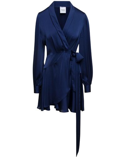 Plain Mini Satin Wrap Dress With Long Sleeves - Blue