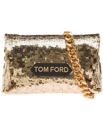 Tom Ford Gold-colored Pouch With Chain Handle And All-over Pailletes In Silk Blend Woman - Natural