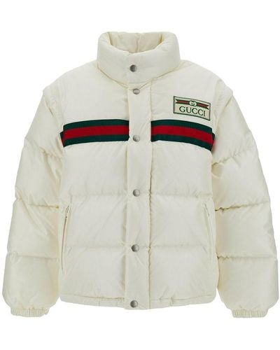 Gucci High Neck Down Jacket With Web Detail And Logo Patch - White