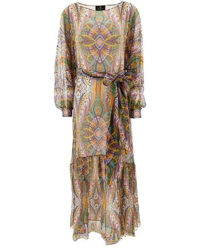 Etro Maxi Dress With All-Over Print And Belt - Natural