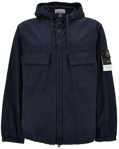 Stone Island Hooded Jacket With Logo Patch - Blue