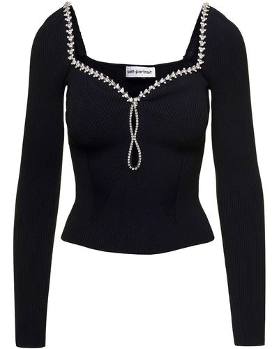 Self-Portrait Long-sleeved Top With Sweetheart Neck And Rhinestones In Viscose Blend - Black