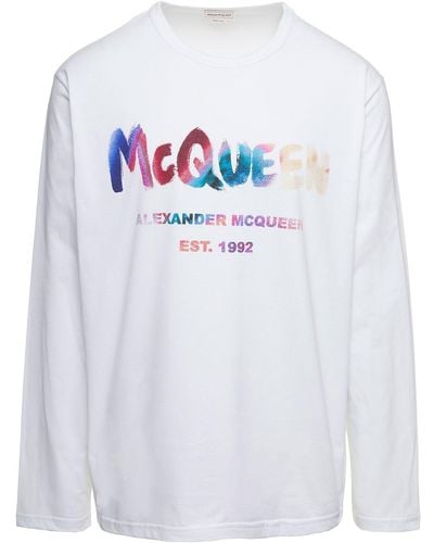Alexander McQueen Crewneck Sweatshirt With Multicolor Graffiti Logo Print In Cotton - White