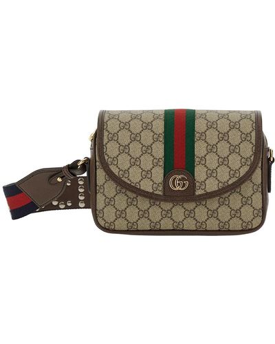 Gucci 'small Ophidia gg' And Ebony Crossbody Bag With Web Detail In gg Supreme Canvas - Green