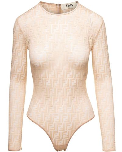 Fendi And White Body-suit With All-over Ff Motif In Stretch Polyamide - Natural