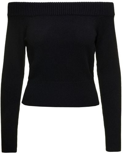 Alexander McQueen Off-The-Shoulders Jumper With Ribbed Trim In - Black