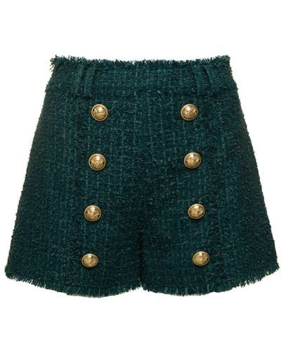 Balmain Wool Cotton Tweed Shorts - Green