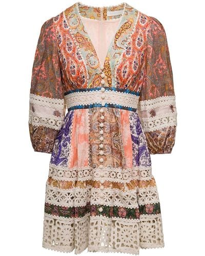 Zimmermann Mini Dress With Puff Sleeves And All-Over Paisley Print - Multicolour