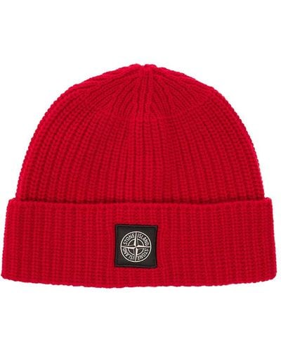 Stone Island Red Ribbed Wool Hat With Logo Man